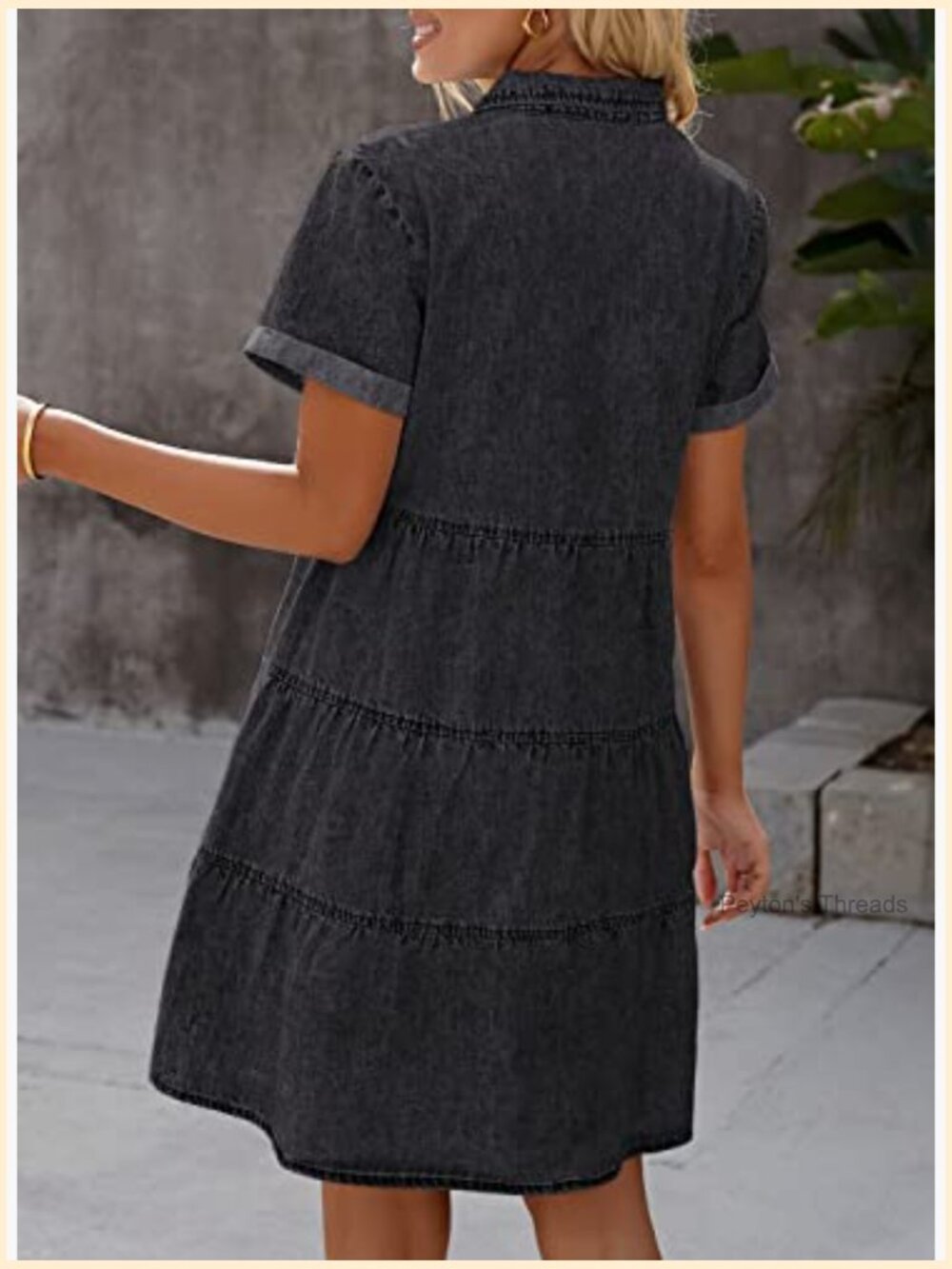 Short Sleeve Button Down Tiered Denim Babydoll Dress - Picture 3 of 7